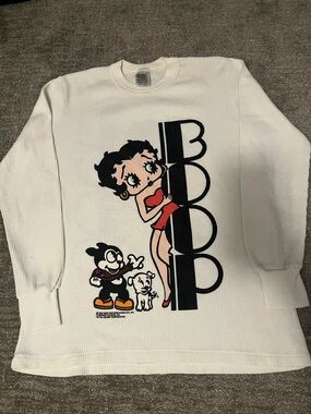Betty Boop Graphic Thermal Crewneck - White with Red Accent 1972